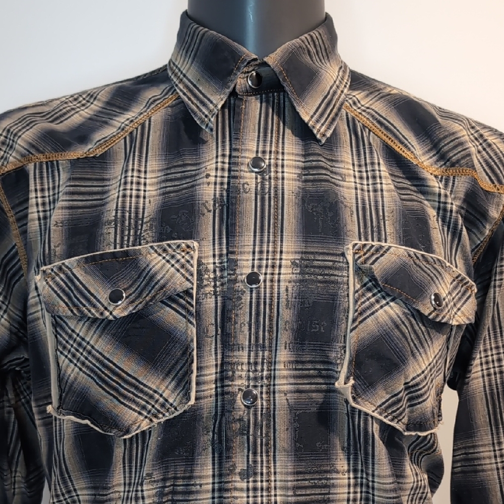 Western Tan And Black Plaid Button-Up Shirt